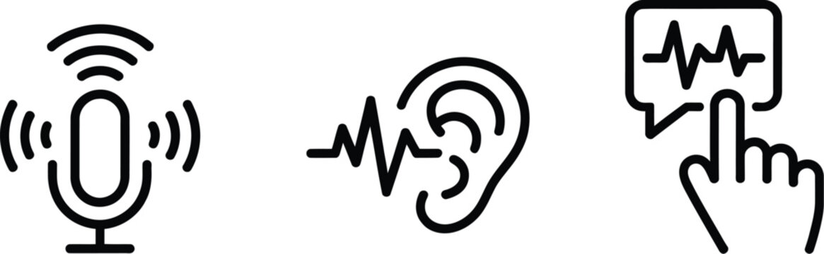 Voice search icon featuring auditory AI, microphone, speech recognition, screenless interaction, communication, and modern user interface vector styles.