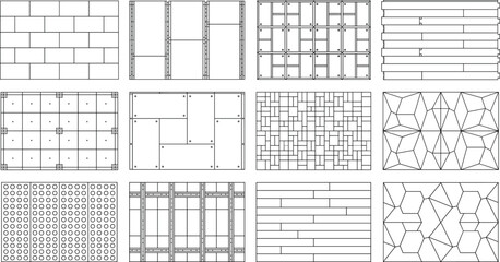 Fototapeta premium Architectural technical hatches of wall cladding and paving material patterns vector line art collection