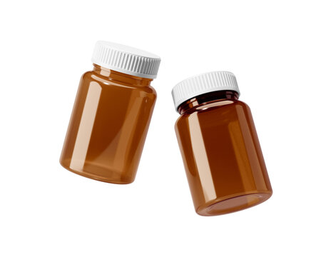 Amber medicine bottle with white screw cap isolated on transparent background