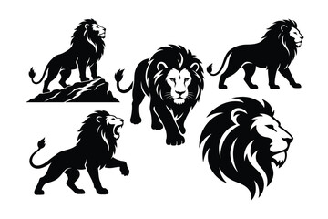 Lion silhouette vector, lion with mane black silhouette logo set, walking lion silhouette icon, male lion black silhouette vector © VectorEliteX