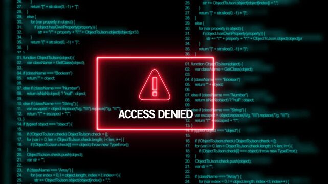 Cyber security access denied warning sign flashing over digital computer programming code background, representing system breach, unauthorized login attempt, data protection failure, and network