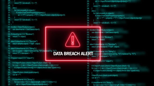 Urgent data breach alert warning sign flashing over scrolling computer programming code background, for cybersecurity threat, detection, network security, vulnerability, and digital information
