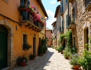 Obraz premium Narrow cobbled street in old village. Colorful houses with potted flowers on balconies and window sills line the lane. Greenery climbs building walls creating picturesque scene.