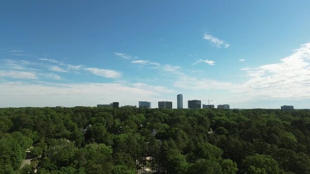 Aerial shot of the North Hills mixed-use development in Raleigh, North Carolina, with a variety of apartments, retail and restaurants