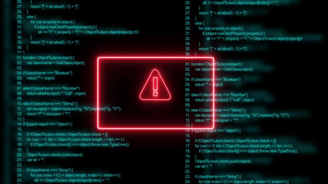 System locked warning alert with glowing red neon frame and scrolling computer programming code background, for cybersecurity, data, breach, software error, digital hacking, and, network security
