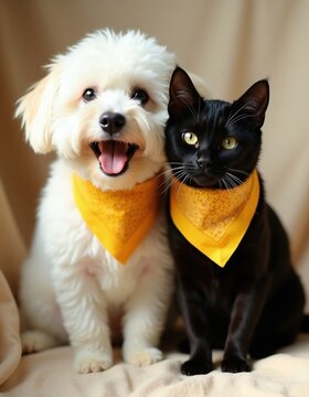 Fluffy white puppy, sleek black cat sit together wearing yellow bandanas. Cute animals pose for studio portrait against light background. Domestic pets show friendship, harmony. Happy dog smiles with