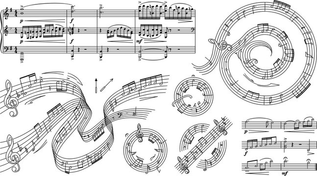 Music notes vector set featuring wave staves spiral sheet melodies and treble clefs for creative auditory graphic design