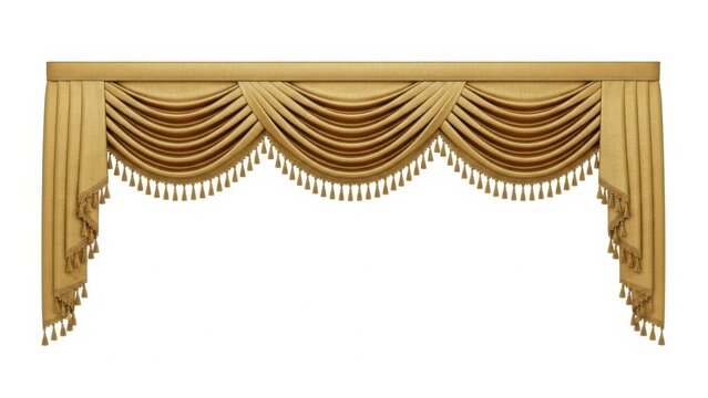 Elegant beige swag curtain with green fringe details hanging above a stage