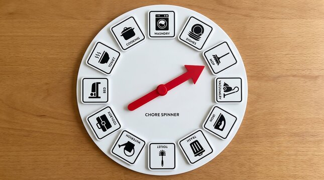 Chore spinner wheel with red arrow, household task management tool for kids and families, white plastic chore chart on wooden background