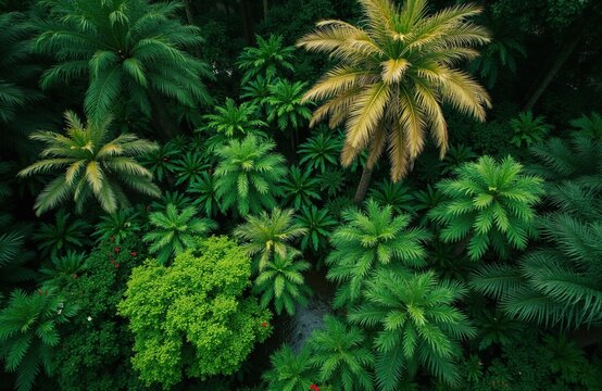 Aerial view of dense green tropical jungle canopy with various palm trees and lush vegetation. Some red flowers are visible amongst green leaves. This lush forest has a rich natural environment.