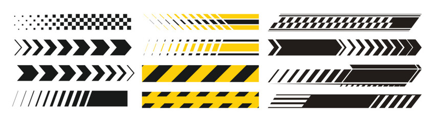 Race car lines. Racing stripe decals, Black and red speed line stripes, checkered patterns, typography for sport vehicle and boat tuning. Isolated vector stickers set © PerfectDesign