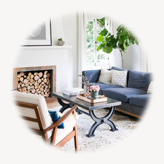 Obraz premium Cozy living room blur edge circle badge, interior photo
