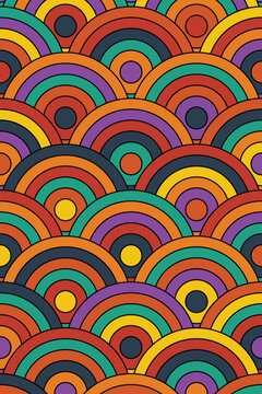 Vibrant retro colorful overlapping semi circle pattern with concentric circles in a traditional Japanese wave style background