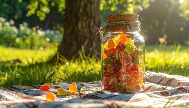 A glass jar brimming with colorful gummy candies sits outdoors on a picnic blanket in the sunlight.