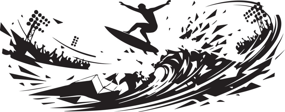 Surfer riding a breaking wave during a competition with stadium lights and cheering crowd in a dynamic graphic style