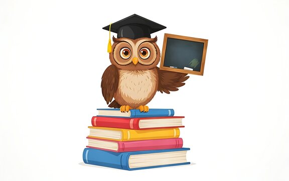 Cartoon owl wearing graduation cap on stack of colorful books with chalkboard