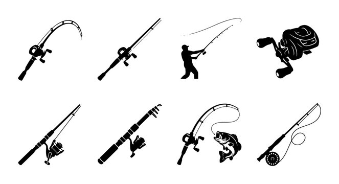 Fishing Rod Silhouettes, Angler Action, Tackle Gear Icons, Vector Set