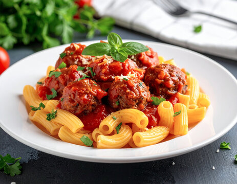 Elbow macaroni topped with meatballs and red sauce, white plate. AI
