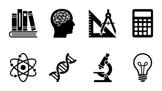 Science Icons: Books, Brain, Math Tools, Calculator, Atom, DNA, Microscope, Lightbulb