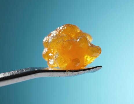 Amber colored live rosin cannabis concentrate rests on steel metal dab tool for consumption. Golden translucent resin bubble extract sits against smooth light blue background. High quality macro shot