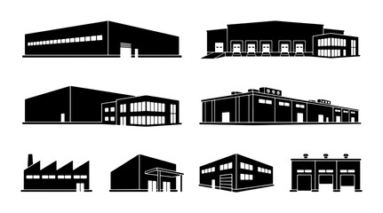 Obraz premium Industrial Warehouse Buildings Set, Modern Factory Icons, Commercial Architecture Vector Collection