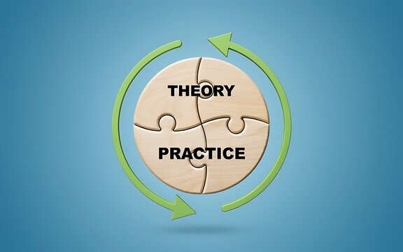 Theory and practice concept with puzzle pieces and green arrows  business and education idea