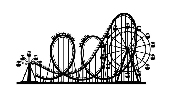 Amusement park rides silhouette against a white background featuring a ferris wheel and rollercoaster silhouette