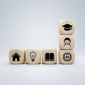 Wooden blocks with education and technology icons on a plain background