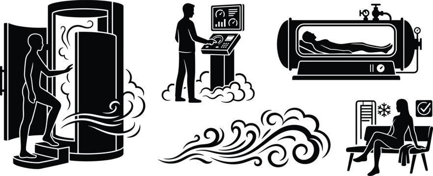 Cryotherapy and hyperbaric oxygen therapy chambers with medical treatment silhouettes and steam effects