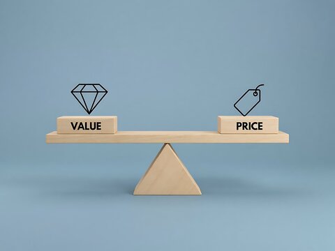 Balance between value and price on a wooden seesaw with diamond and tag icons
