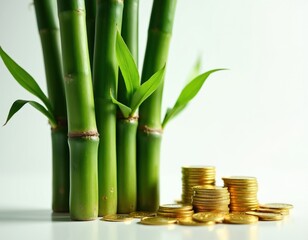 Fototapeta premium Green bamboo stalks stand near stacks of gold coins on white table surface. Fresh plant nodes represent financial growth concept. Metal currency piles symbolize investment success, economic