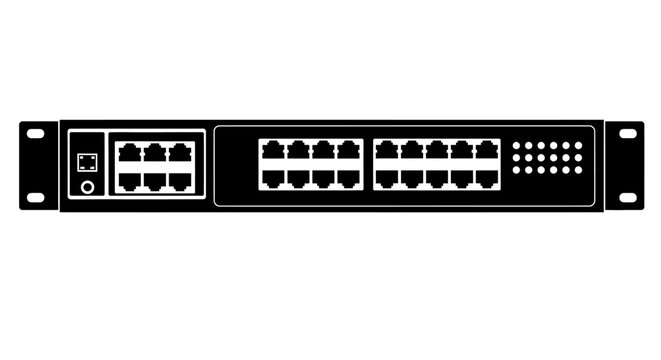 Network rack unit with multiple ports and controls black silhouette server connections electronics technology data