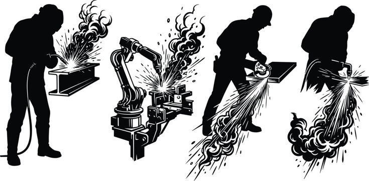 Industrial welding and metal grinding process silhouettes with robotic arm and professional workers