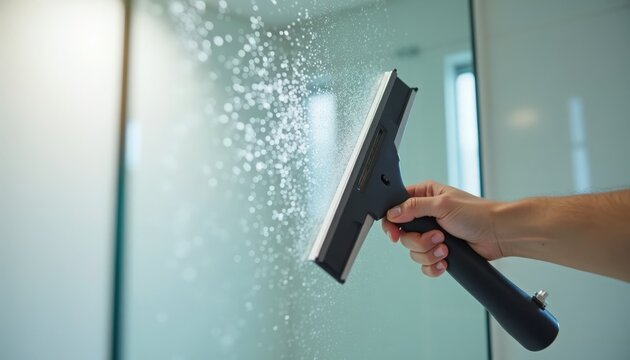 Cleaning bathroom mirror with squeegee to remove water spots and ensure clarity. Bathroom cleaning process involves using effective tools for spotless view.