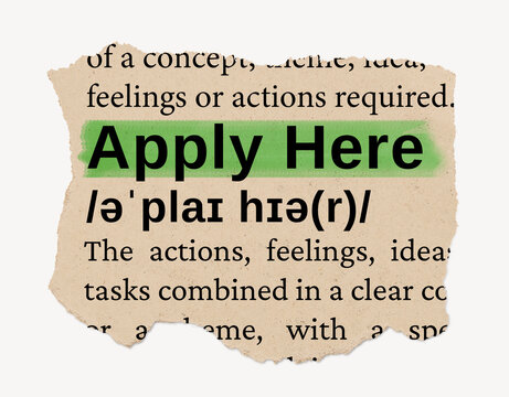 Apply here dictionary word, vintage ripped paper design