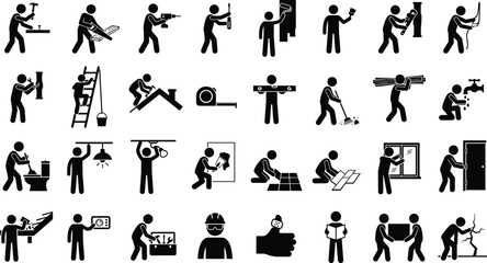 Obraz premium Set of black and white safety and daily life activity icons showing people performing various household tasks and emergency procedures in a simple flat graphical design style