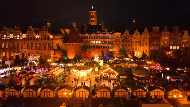 Beautifully lit Christmas market in the Main City of Gdansk at dusk. Poland