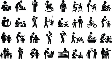 Obraz premium Set of black stick figure icons showing people gardening planting seeds watering flowers harvesting vegetables and working with various farming tools in a simple graphic style