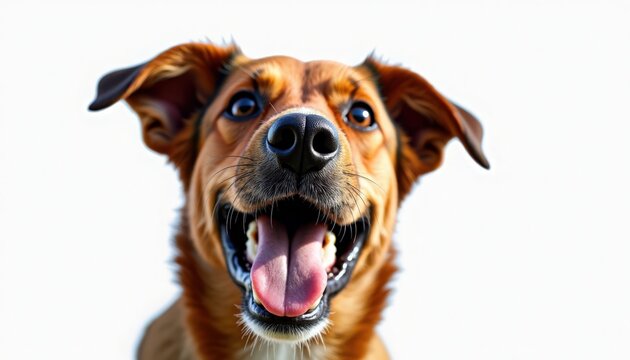 Happy dog with joyful expression, domestic breed with brown fur and floppy ears, smiling face, showcasing excitement and playfulness. This happy dog embodies love and companionship in pet photography.