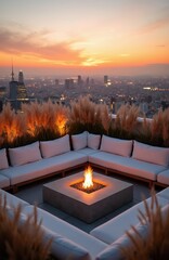 Fototapeta premium Modern rooftop lounge terrace features square fire pit with flames. White sofas surround fireplace on outdoor deck area. Evening sunset sky glows above city skyline buildings. Luxury penthouse