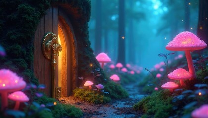 Obraz premium Fantasy forest entrance with glowing pink mushrooms. Golden key unlocks mysterious door in mossy tree trunk. Magical path leads through dark woods.