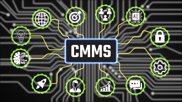 CMMS Planning Technology Concept with Digital Business Icons Animation and Performance Tracking Interface HD Video animation