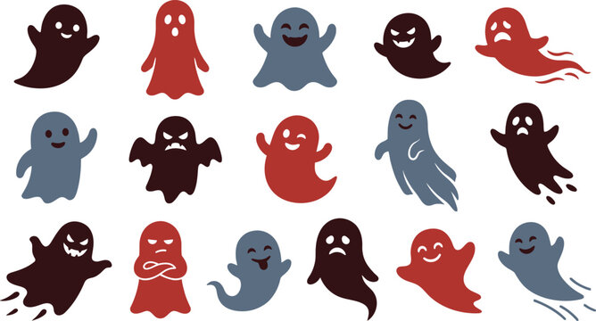 Collection of fifteen cartoon ghosts with varied expressions and colors for halloween designs and spooky themes