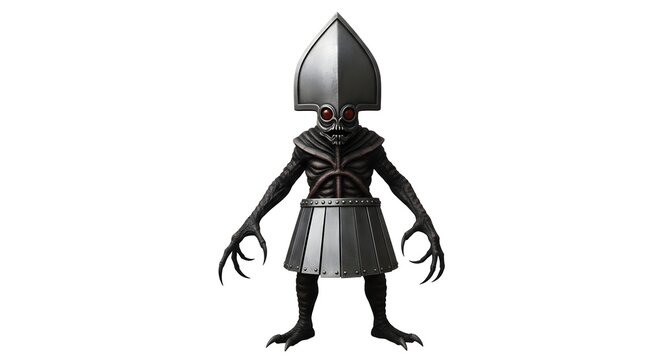 Alien creature with metallic helmet and skirt standing against white background with sharp claws