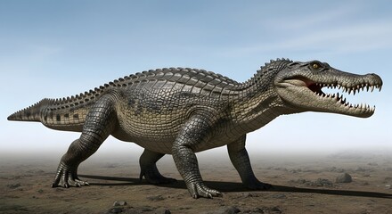 Fototapeta premium Ancient crocodile creature walking in dry earth under a bright sky with its mouth open