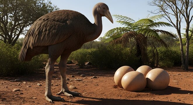 Ancient large flightless bird standing beside a clutch of four eggs in a dry prehistoric landscape with ferns