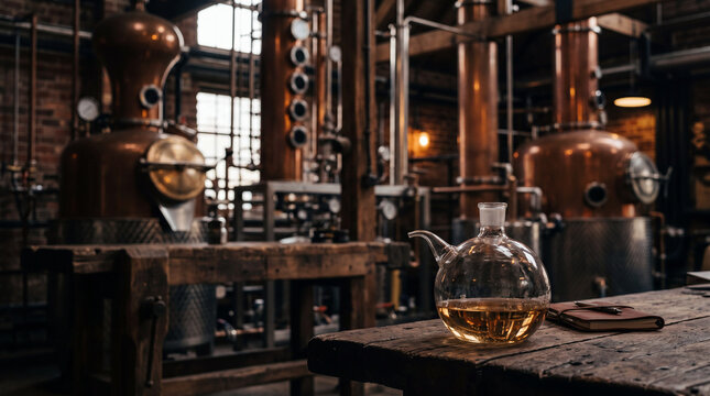 Vintage glass retort flask with golden liquid on wooden table in distillery.