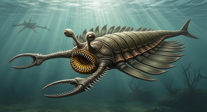 Anomalocaris prehistoric marine predator swimming underwater with sunbeams illuminating ancient ocean floor