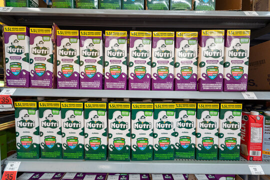 Boxes of dairy product by Nutri brand, owned by Grupo Lala company, arranged on the shelves of the dairy section at a supermarket for retail sale. Jalisco, Mexico, July 20 2026