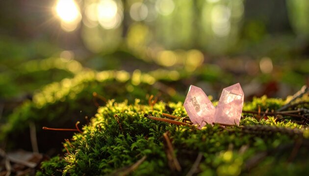 Delicate pink rose quartz crystals nestled in vibrant green moss within a sun-dappled forest setting